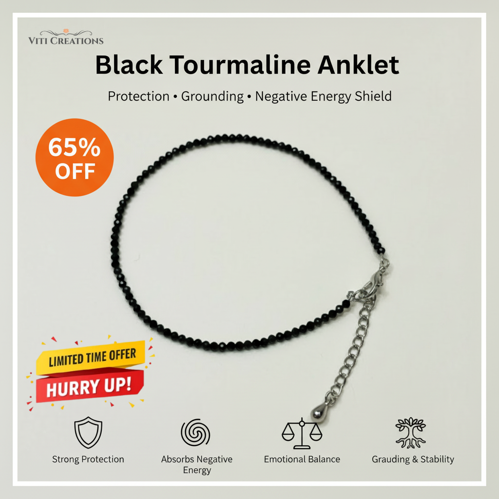 Black tourmaline beaded anklet with natural dark stones on a delicate adjustable cord.